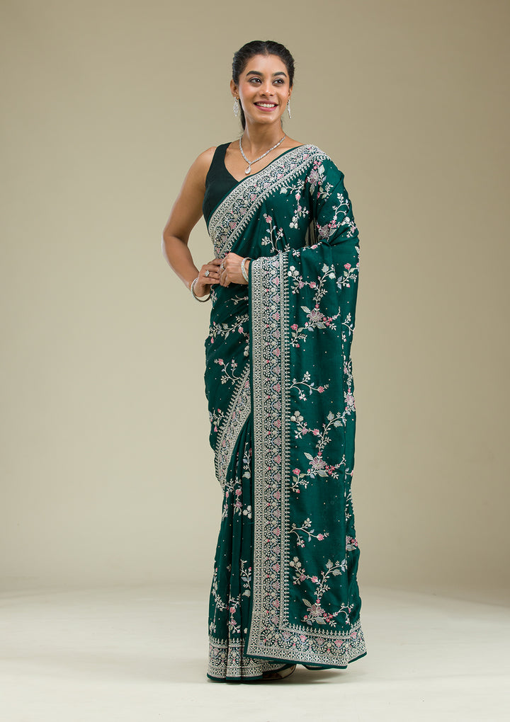 Bottle Green Threadwork Silk Saree