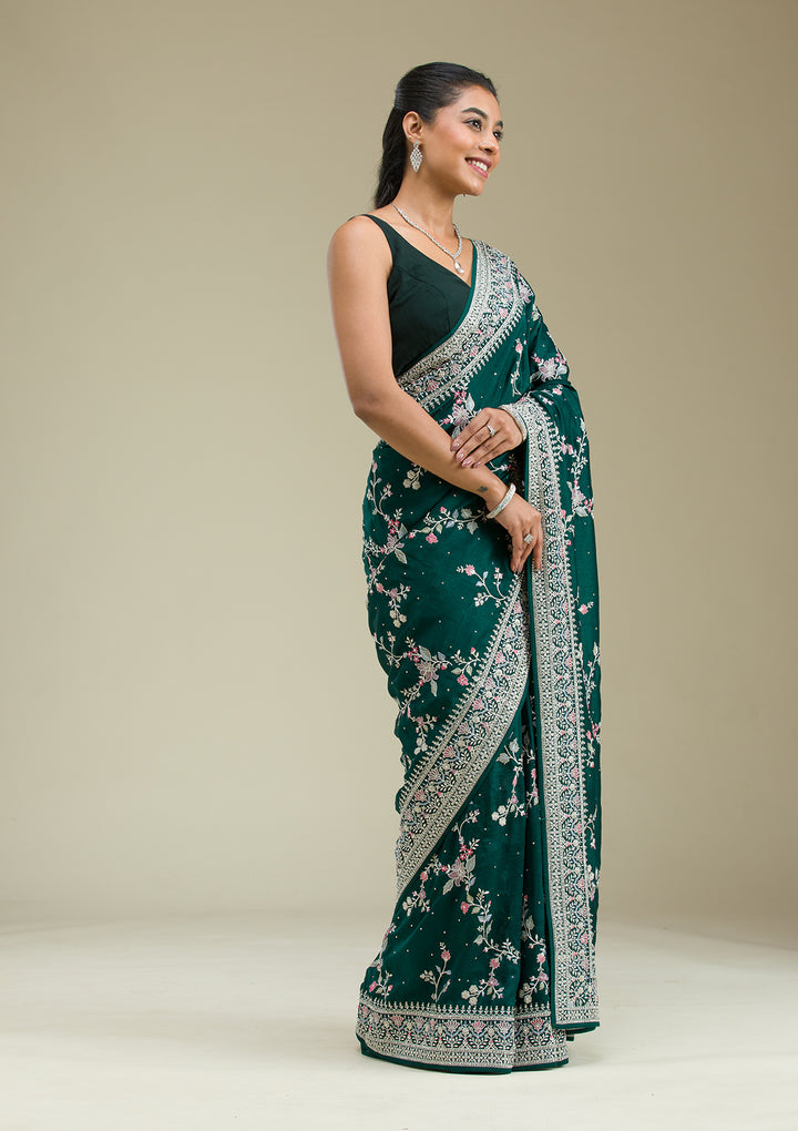Bottle Green Threadwork Silk Saree