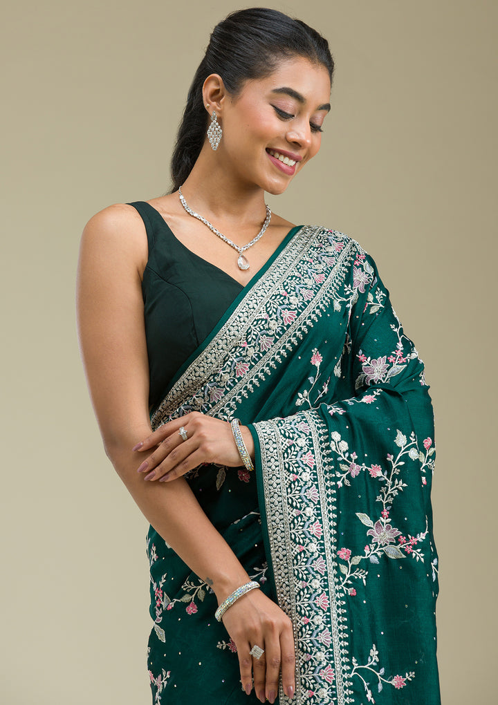 Bottle Green Threadwork Silk Saree