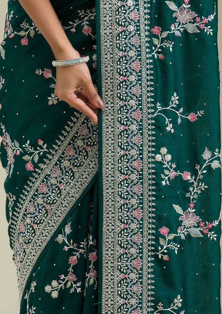 Bottle Green Threadwork Silk Saree