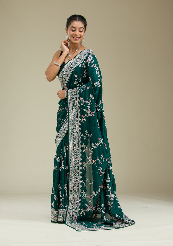 Bottle Green Threadwork Silk Saree