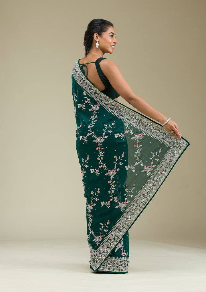 Bottle Green Threadwork Silk Saree