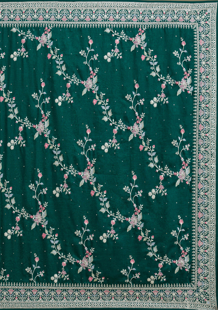 Bottle Green Threadwork Silk Saree