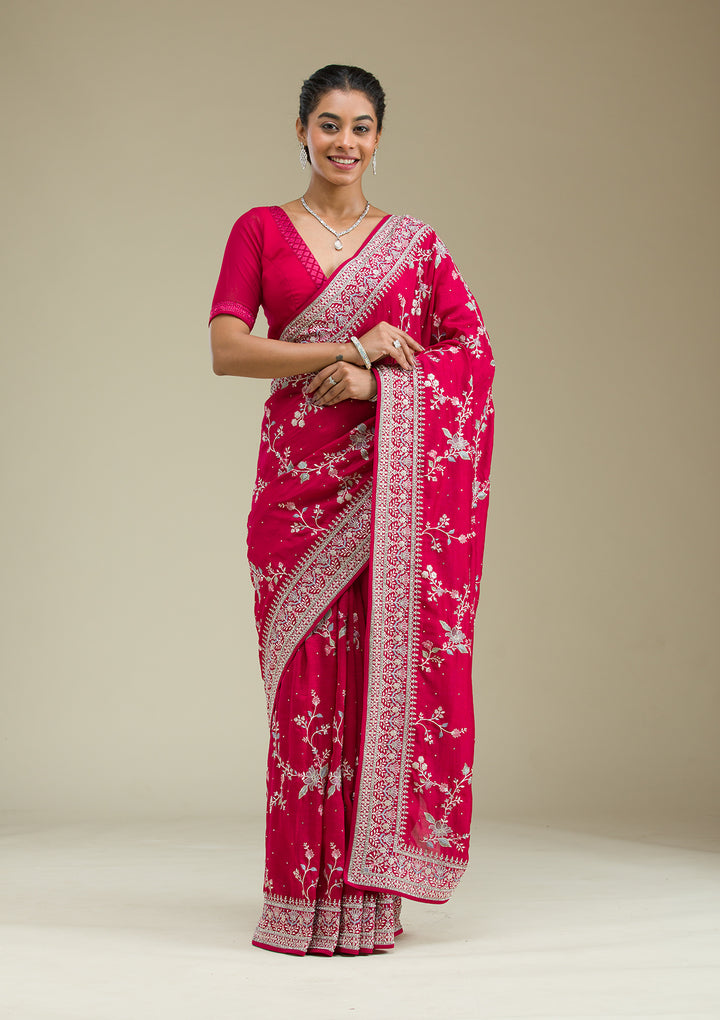 Rani Pink Threadwork Silk Saree