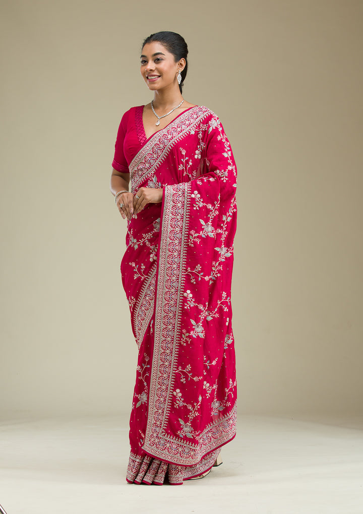 Rani Pink Threadwork Silk Saree