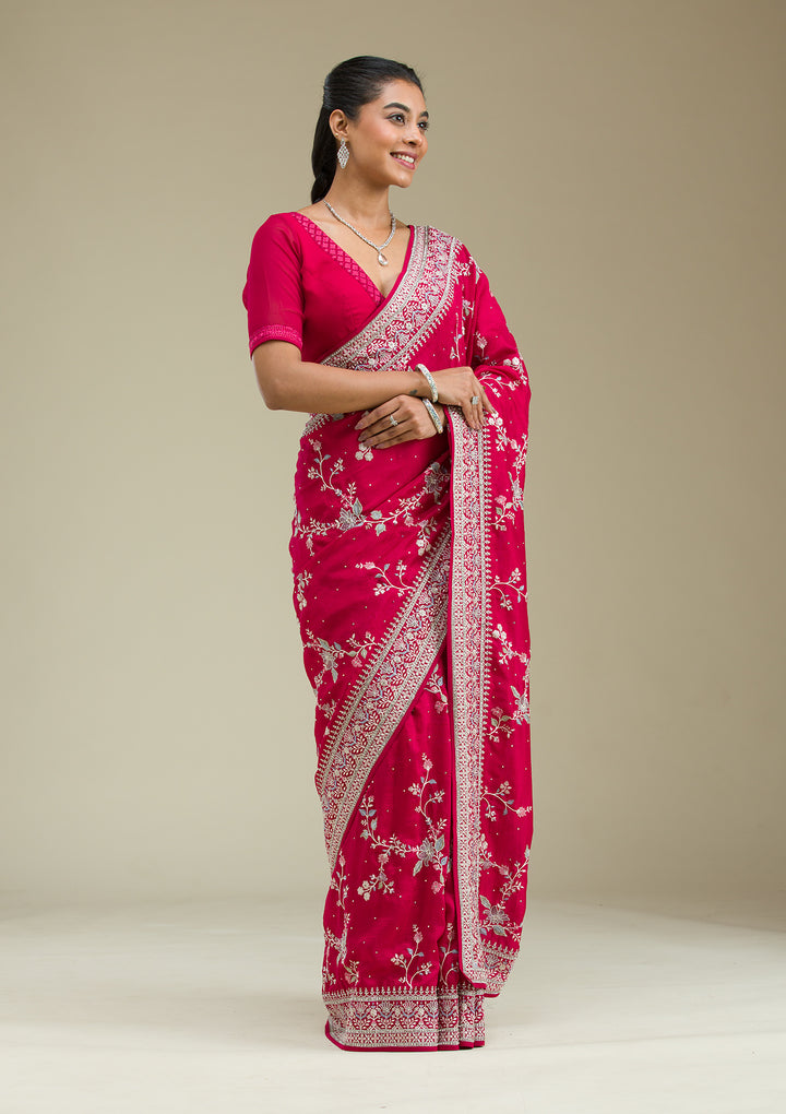 Rani Pink Threadwork Silk Saree