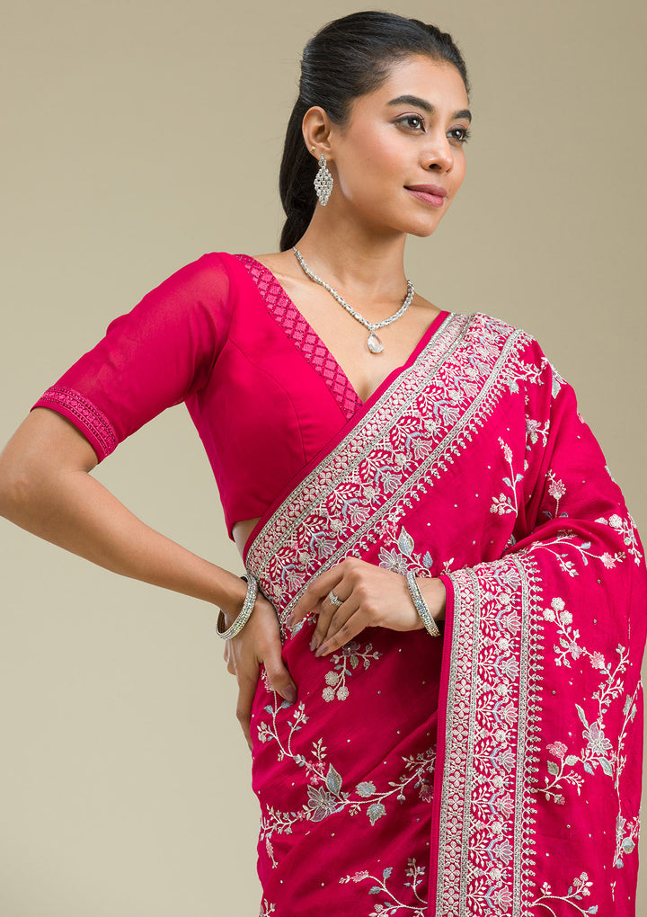 Rani Pink Threadwork Silk Saree