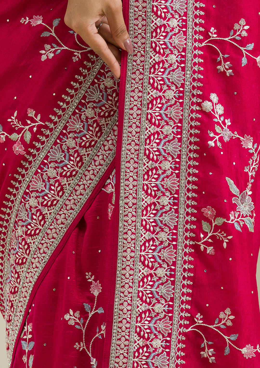 Rani Pink Threadwork Silk Saree