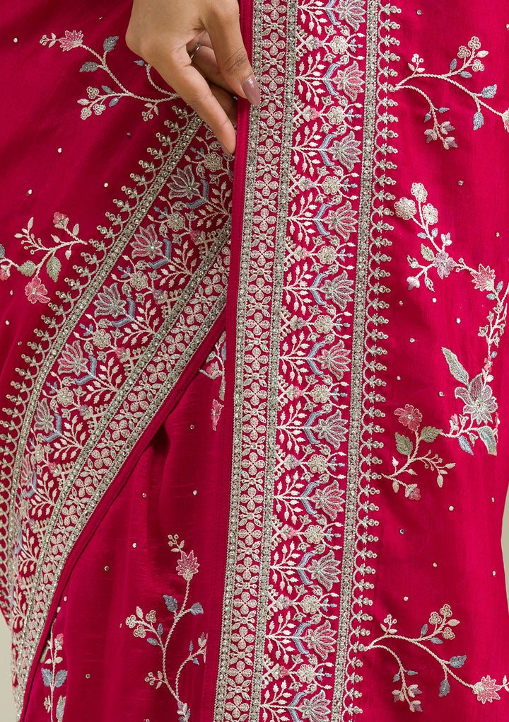 Rani Pink Threadwork Silk Saree