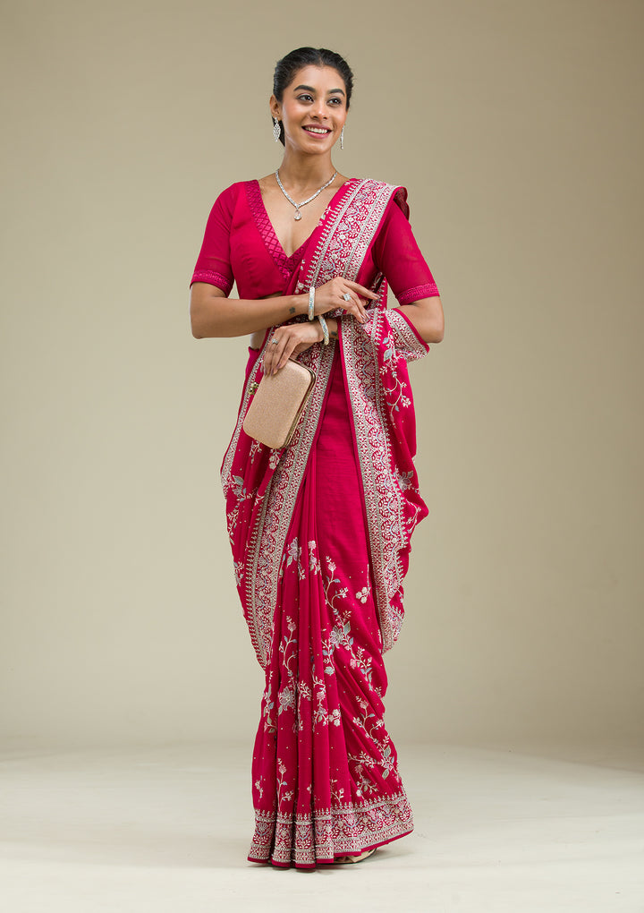 Rani Pink Threadwork Silk Saree