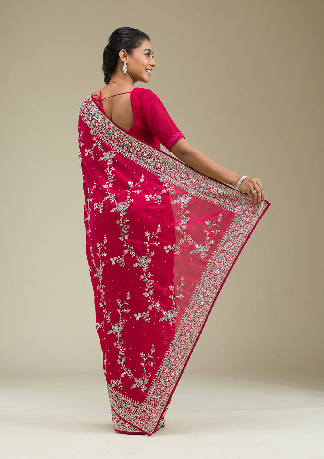 Rani Pink Threadwork Silk Saree