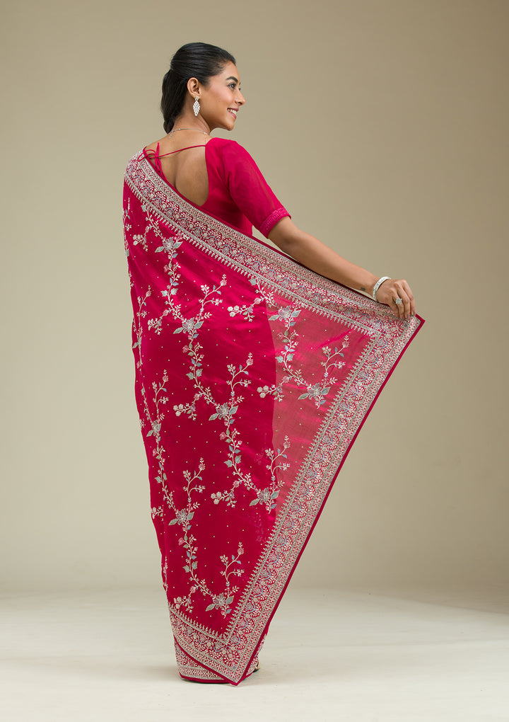 Rani Pink Threadwork Silk Saree