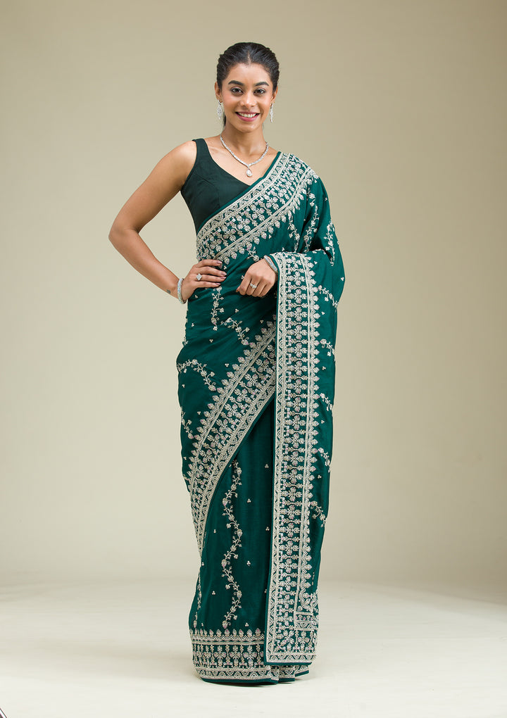 Bottle Green Threadwork Silk Saree