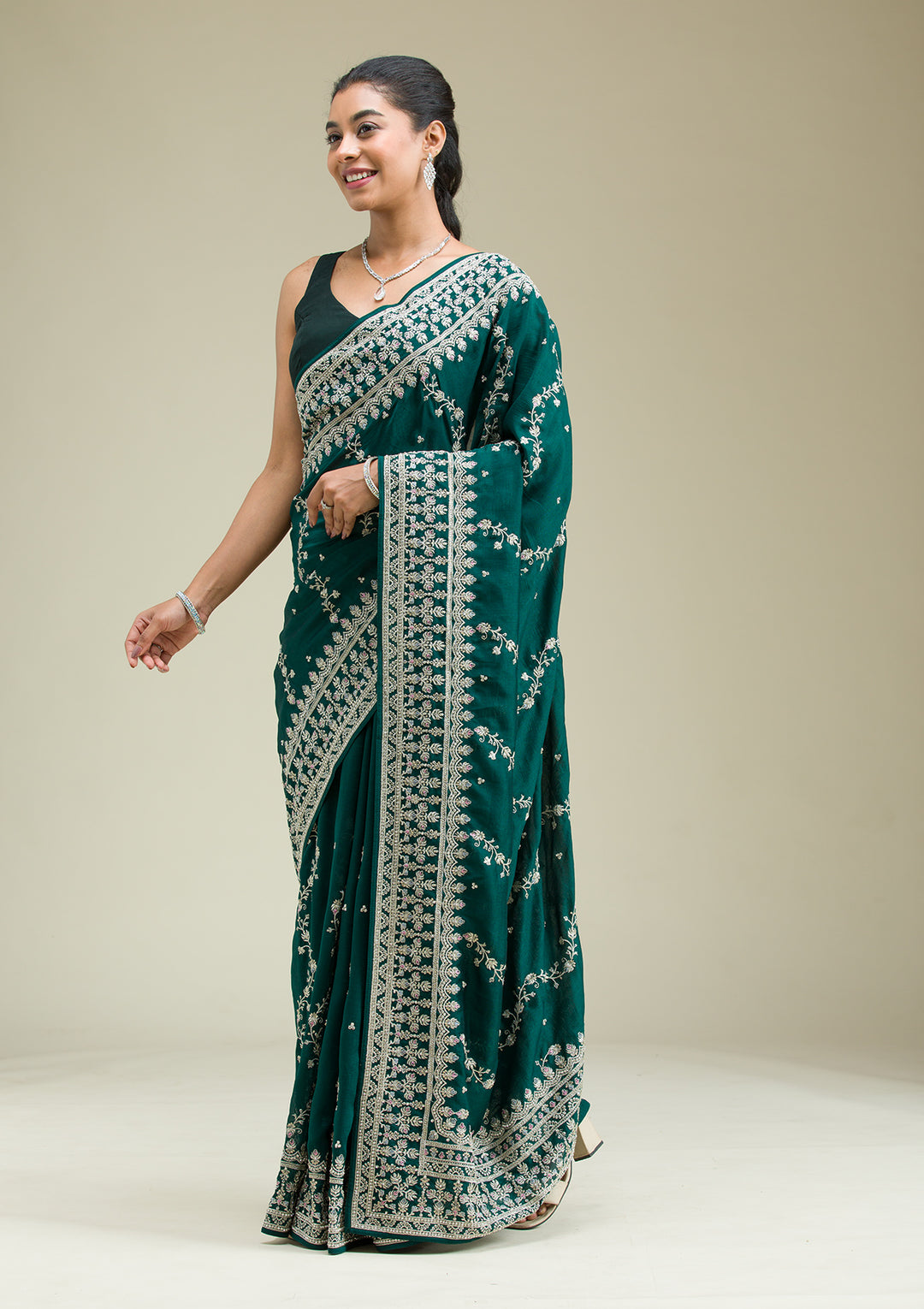 Bottle Green Threadwork Silk Saree