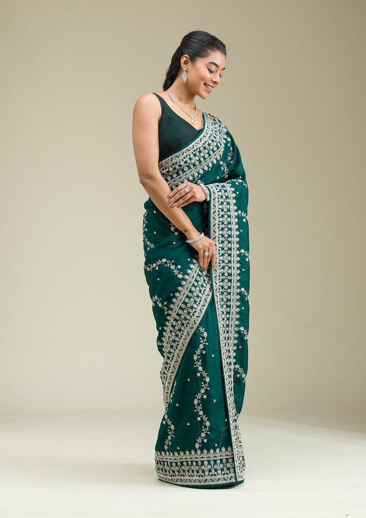 Bottle Green Threadwork Silk Saree