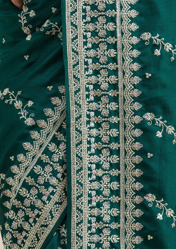 Bottle Green Threadwork Silk Saree