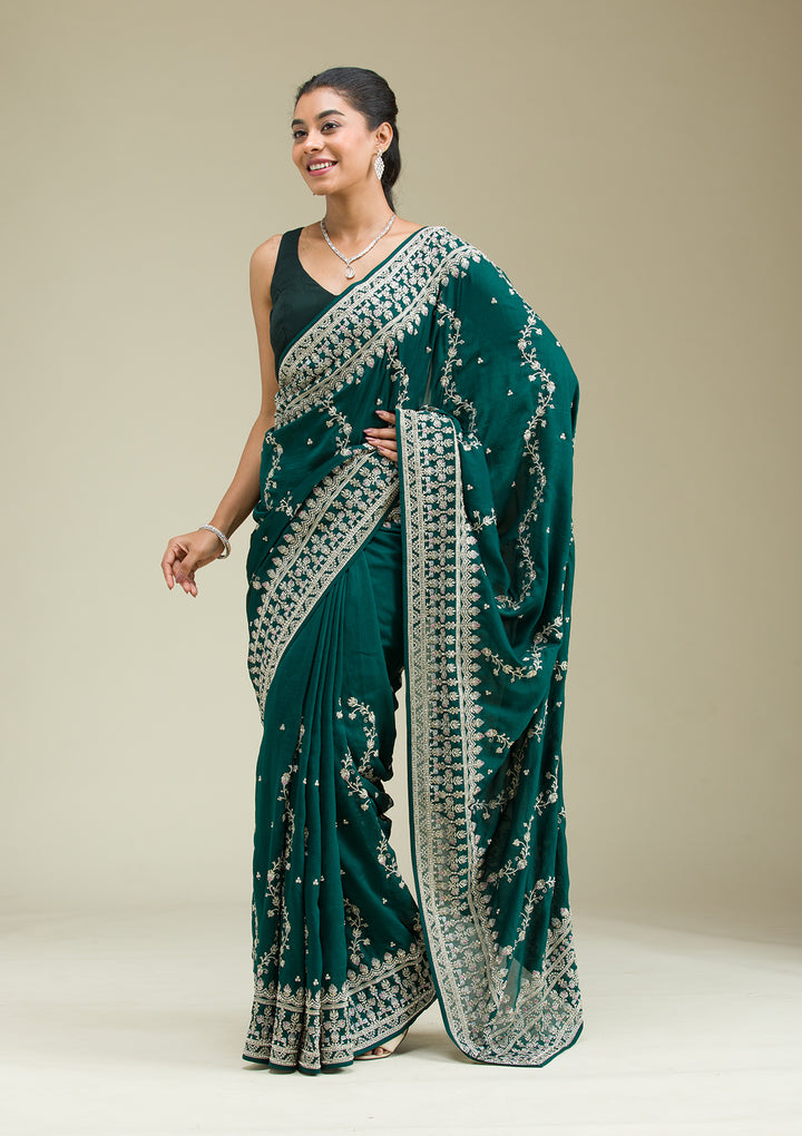 Bottle Green Threadwork Silk Saree