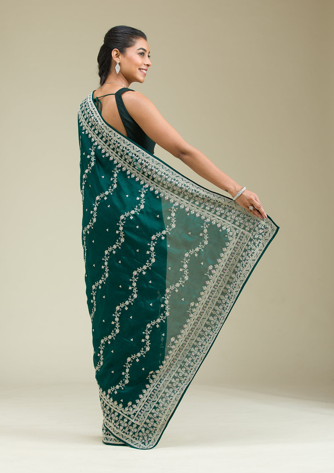 Bottle Green Threadwork Silk Saree