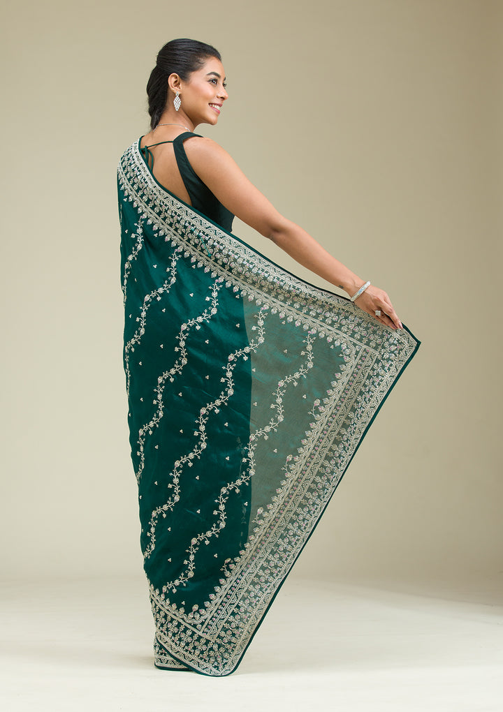 Bottle Green Threadwork Silk Saree