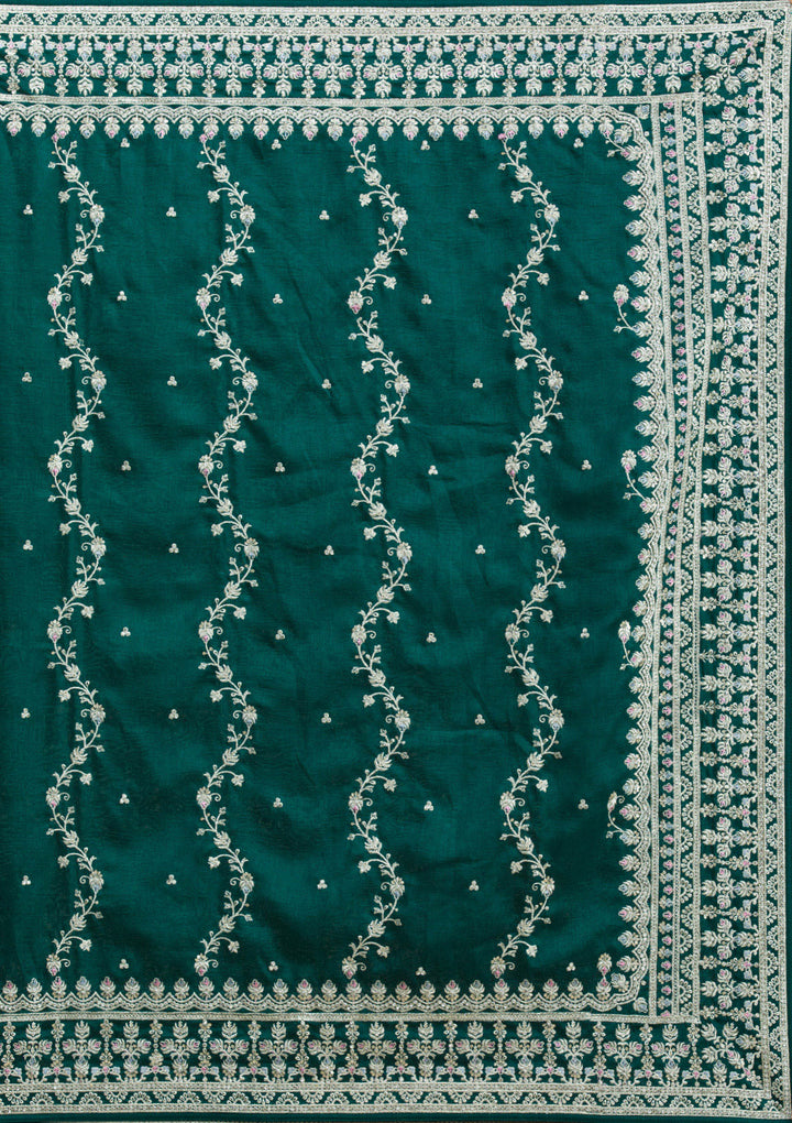 Bottle Green Threadwork Silk Saree