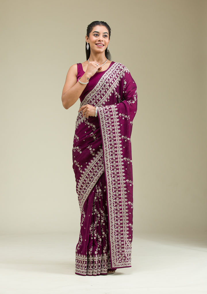 Wine Threadwork Silk Saree