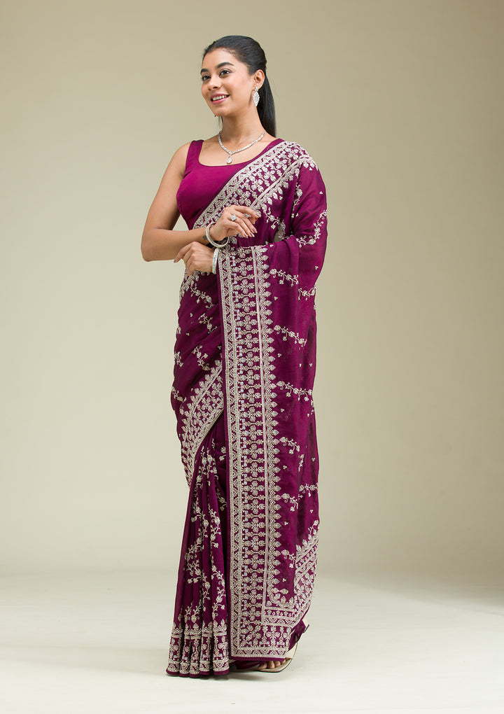 Wine Threadwork Silk Saree