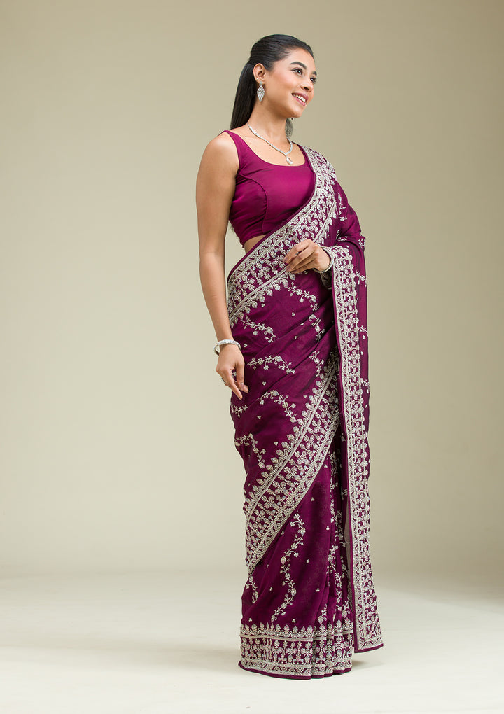 Wine Threadwork Silk Saree