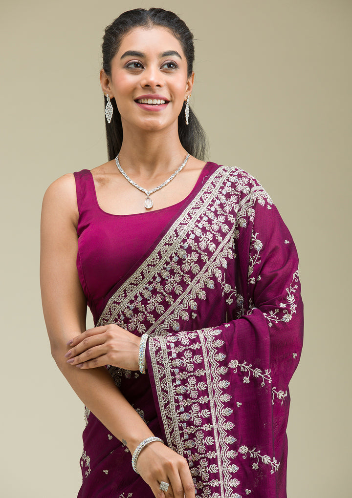 Wine Threadwork Silk Saree