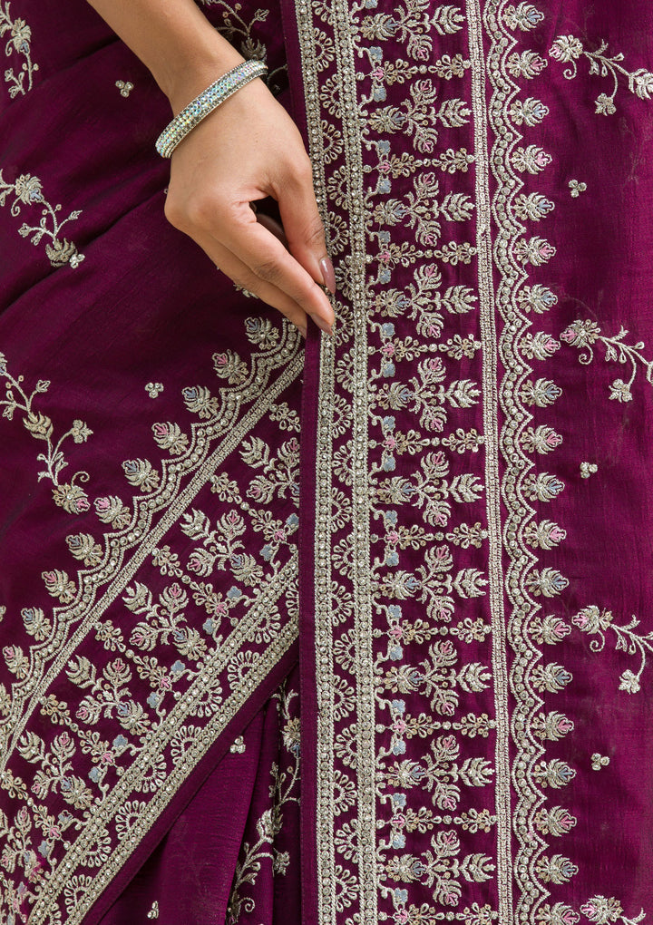 Wine Threadwork Silk Saree