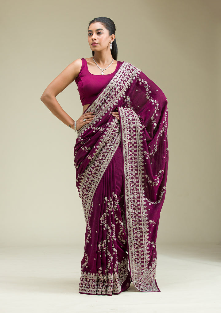 Wine Threadwork Silk Saree