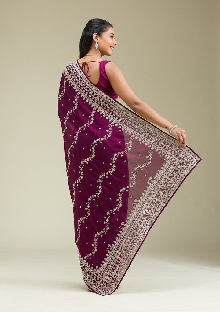Wine Threadwork Silk Saree
