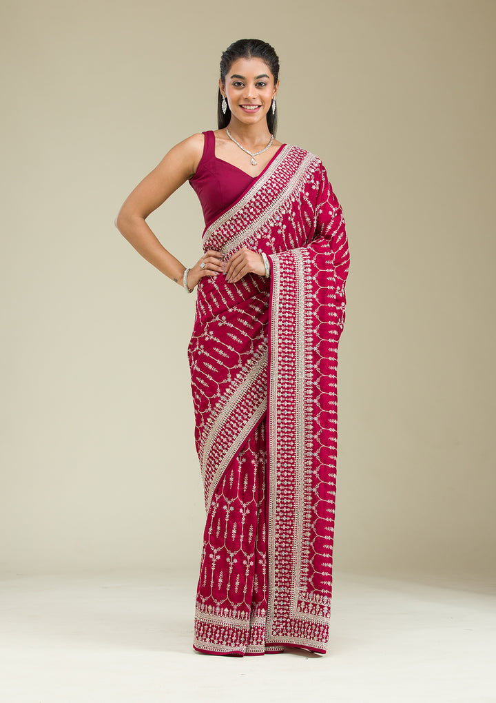 Maroon Threadwork Silk Saree
