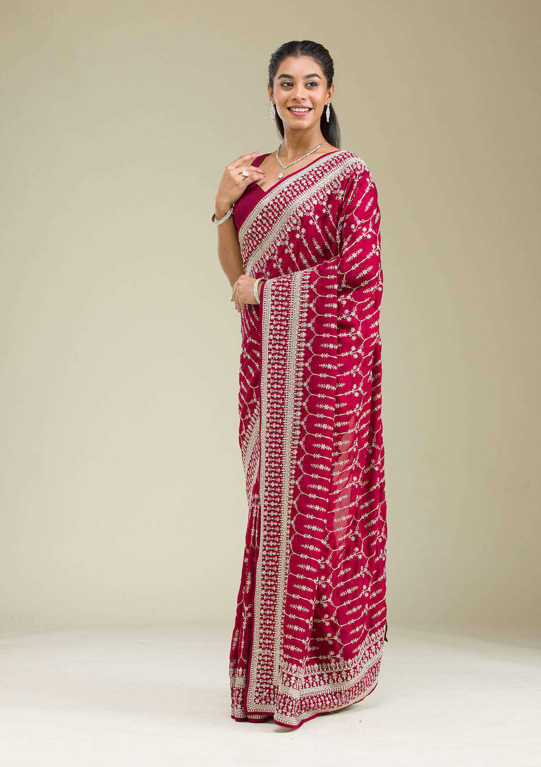 Maroon Threadwork Silk Saree