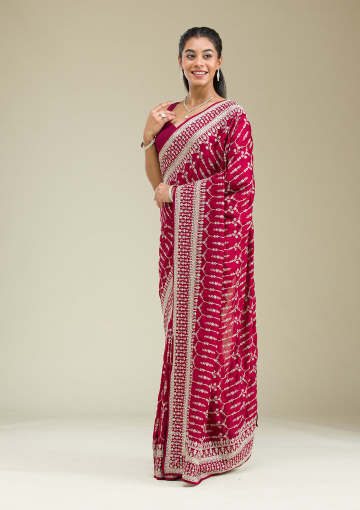 Maroon Threadwork Silk Saree