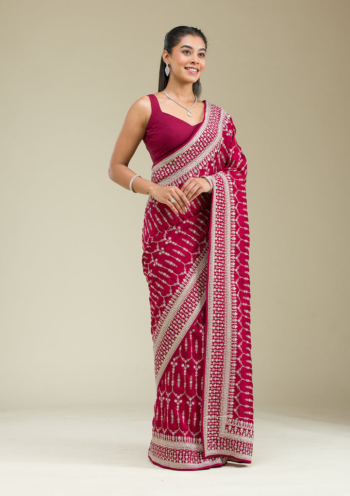 Maroon Threadwork Silk Saree