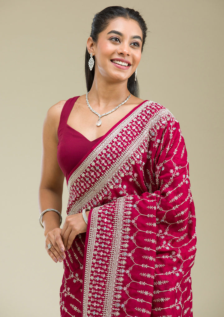 Maroon Threadwork Silk Saree