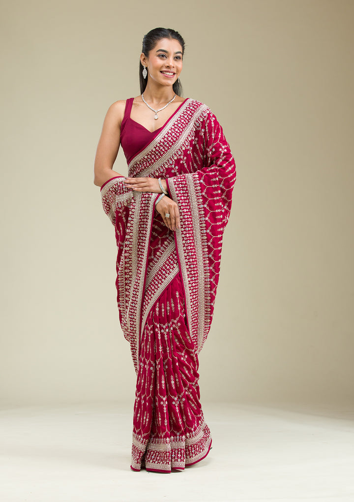 Maroon Threadwork Silk Saree