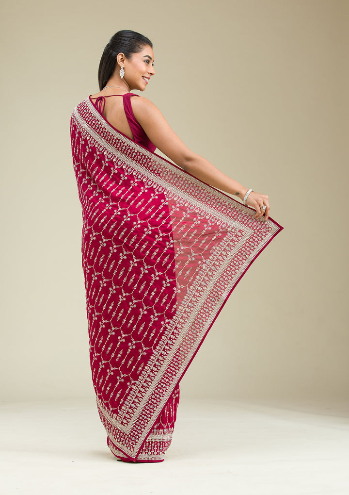 Maroon Threadwork Silk Saree