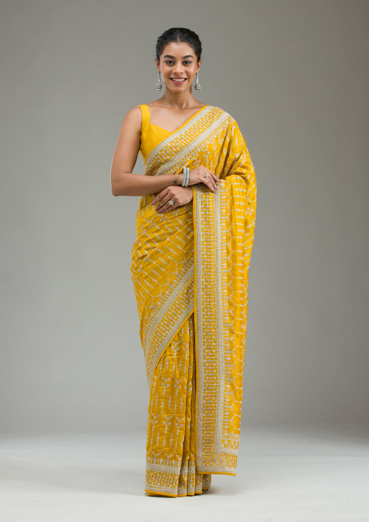 Mustard Threadwork Silk Saree