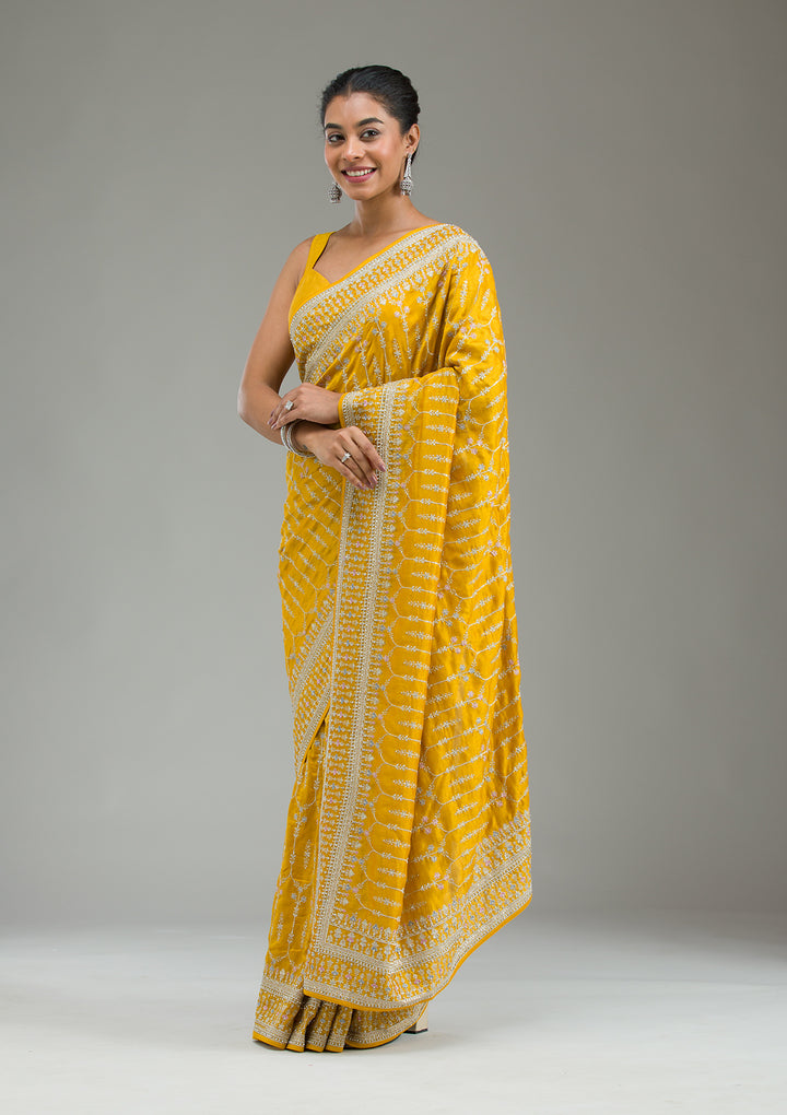 Mustard Threadwork Silk Saree