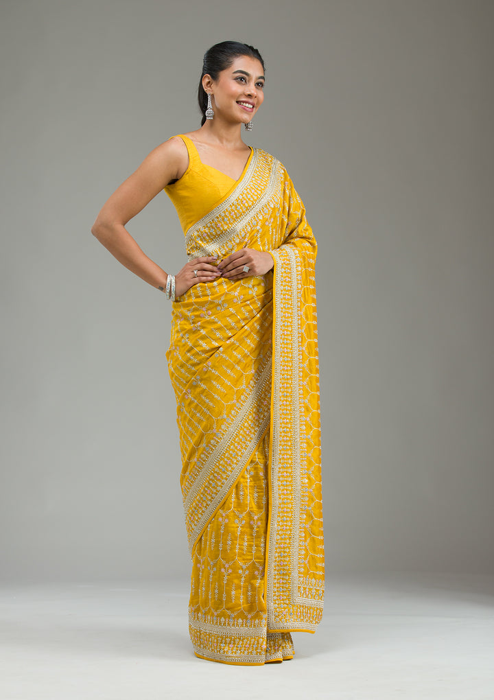 Mustard Threadwork Silk Saree