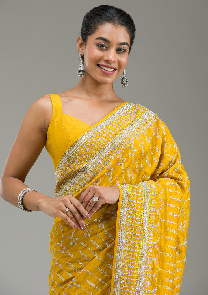 Mustard Threadwork Silk Saree