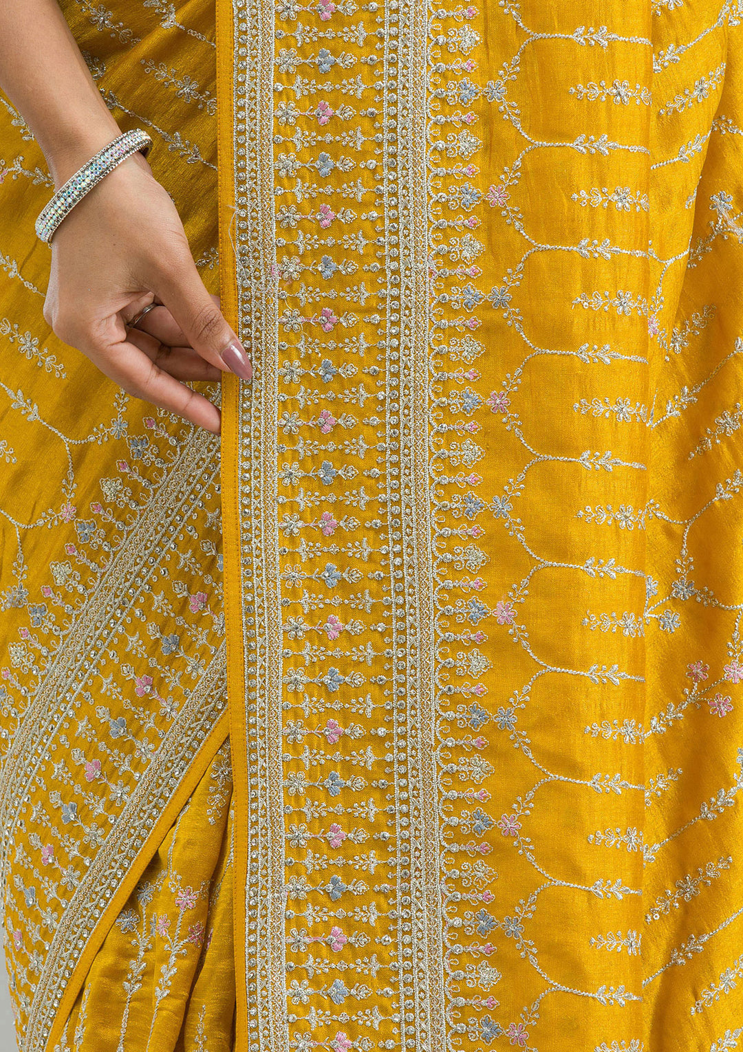 Mustard Threadwork Silk Saree