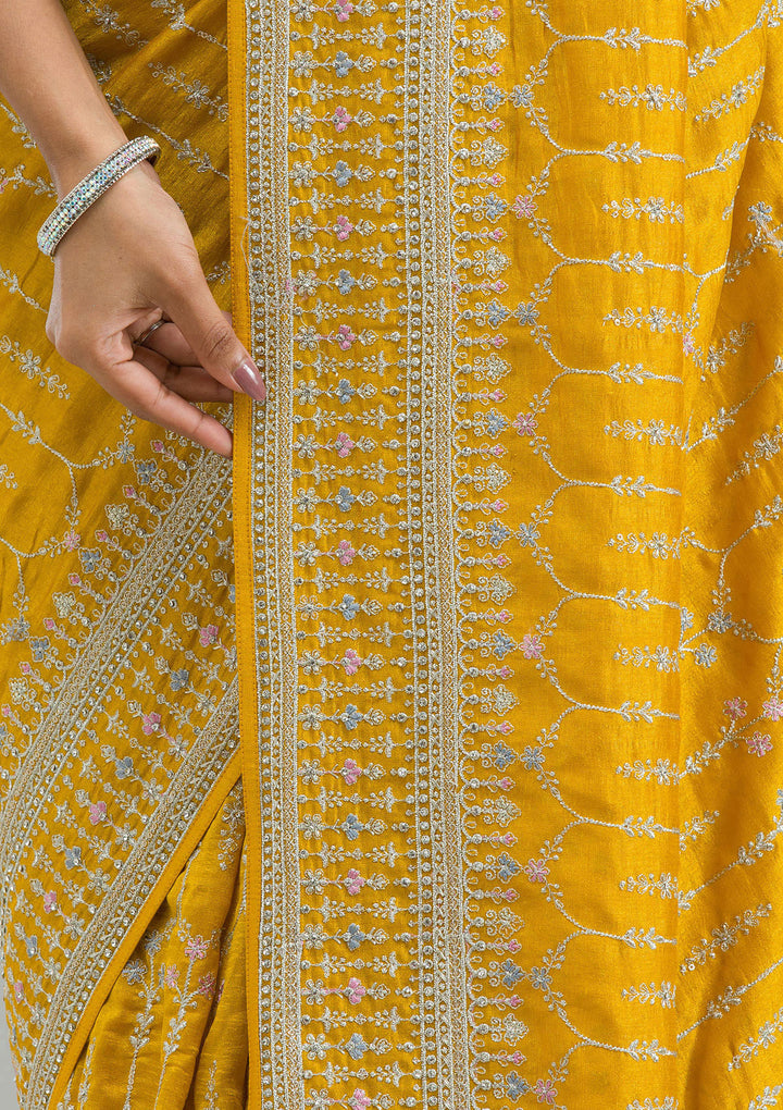 Mustard Threadwork Silk Saree