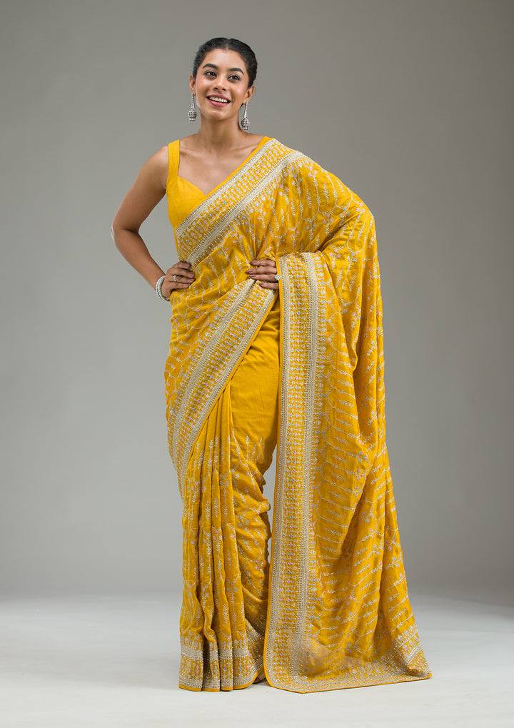 Mustard Threadwork Silk Saree