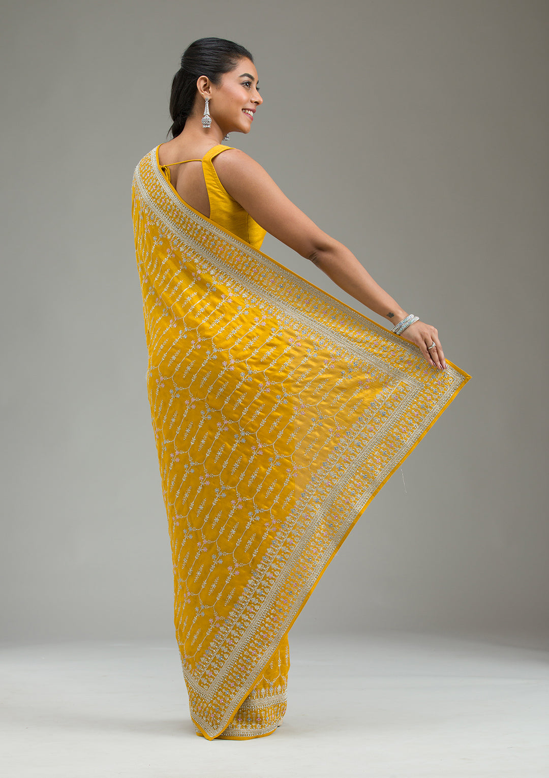 Mustard Threadwork Silk Saree