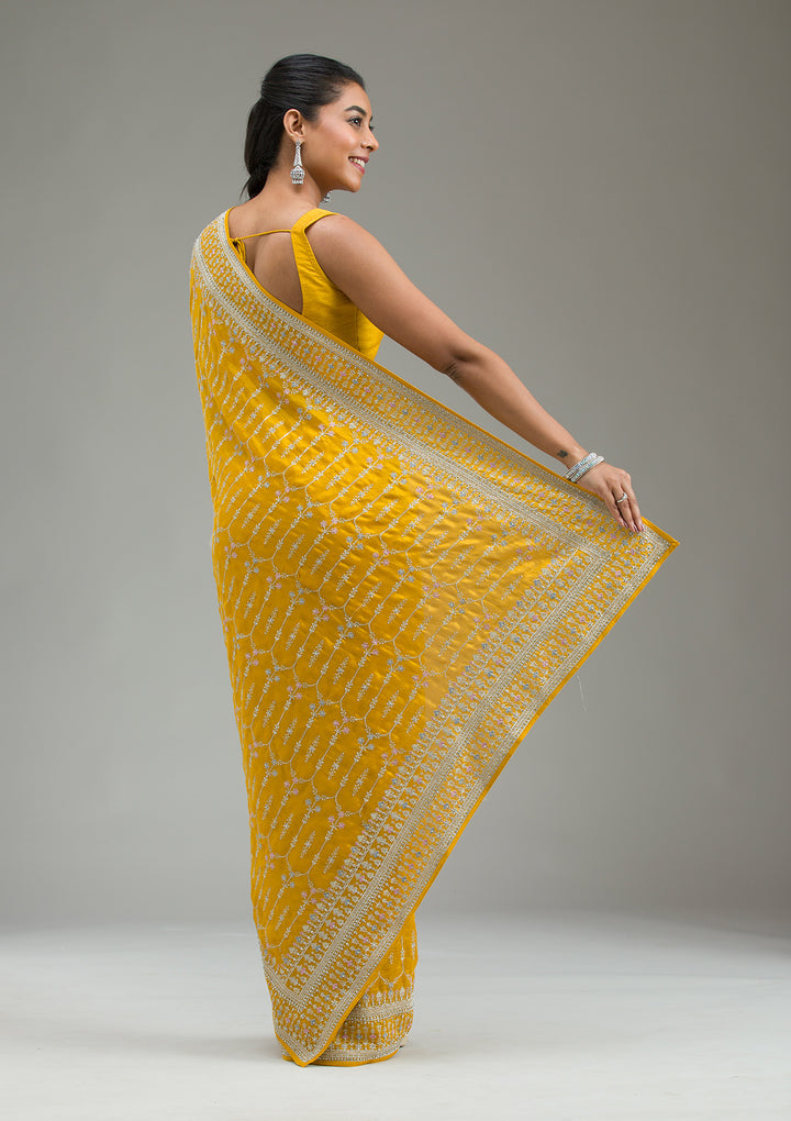 Mustard Threadwork Silk Saree