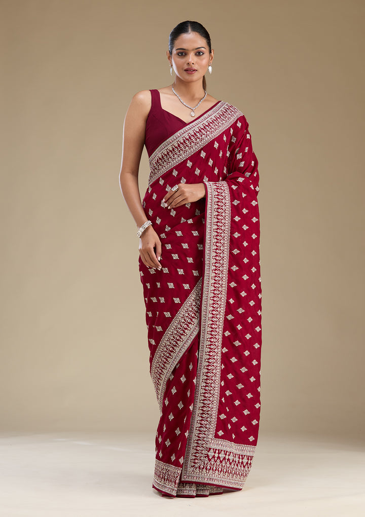 Maroon Threadwork Silk Saree