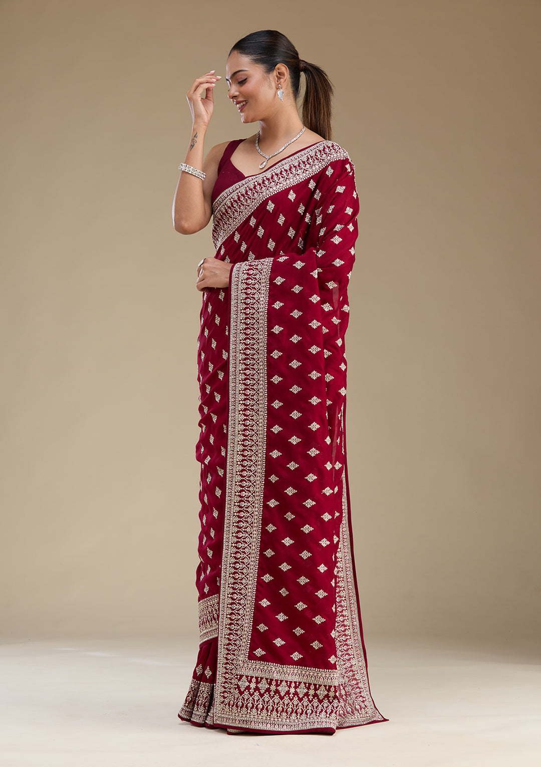 Maroon Threadwork Silk Saree