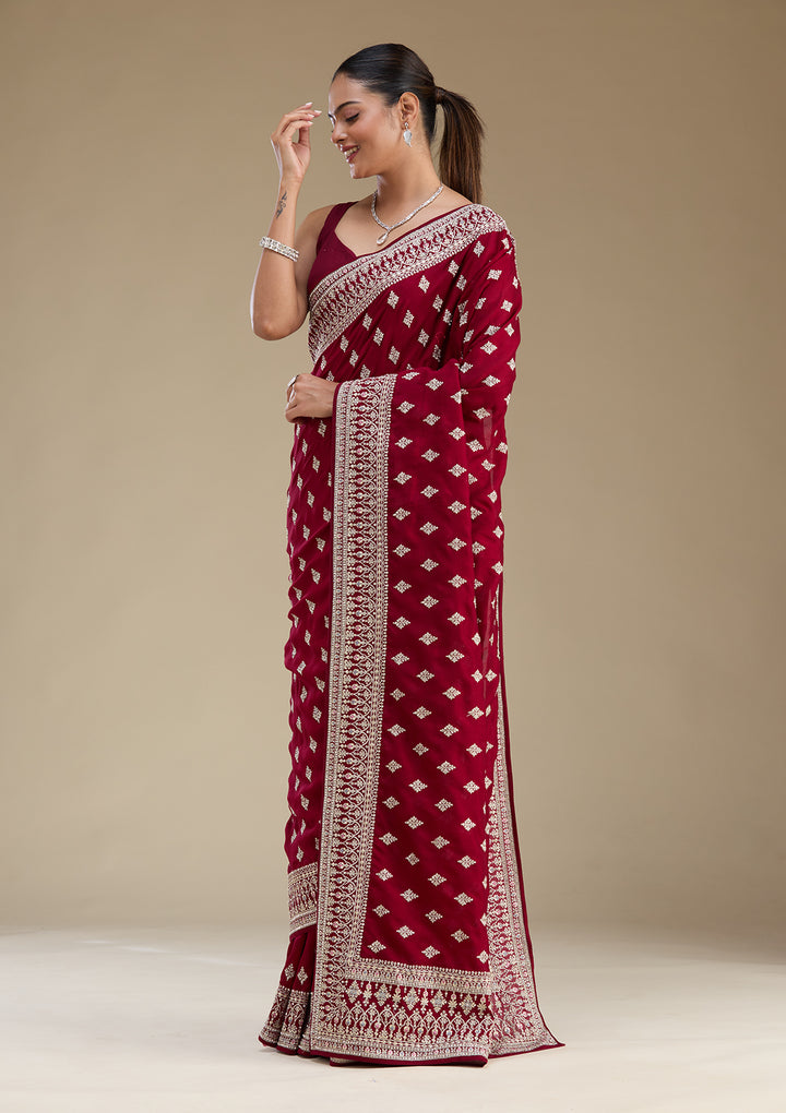 Maroon Threadwork Silk Saree